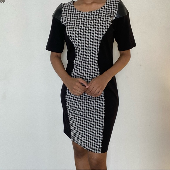 AND Dresses & Skirts - Houndstooth wool panel dress with leather shoulders and jersey body